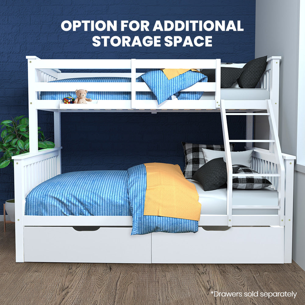 Single Over Double Wooden Bunk Bed Frame Triple Pine 2-in-1 Modular White