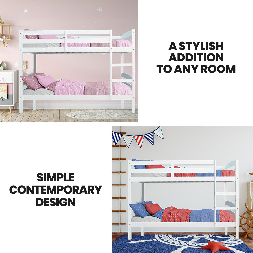 Single Bunk Bed Frame Solid Pine 2-In-1 Modular Design White Slat