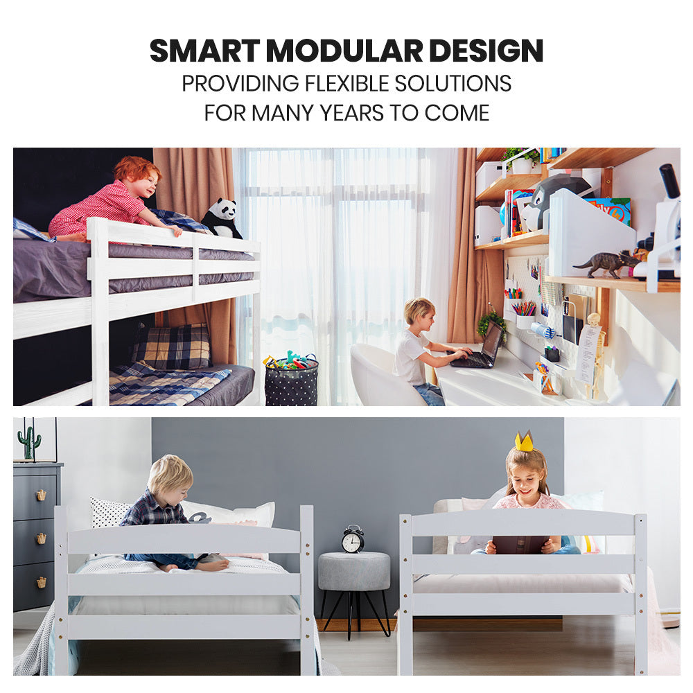 Single Bunk Bed Frame Solid Pine 2-In-1 Modular Design White Slat