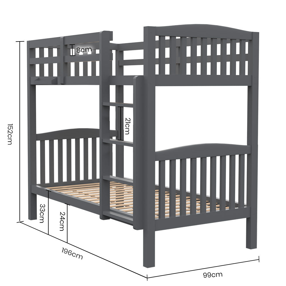 Single Bunk Bed Frame Solid Pine Wood Modular Design Grey