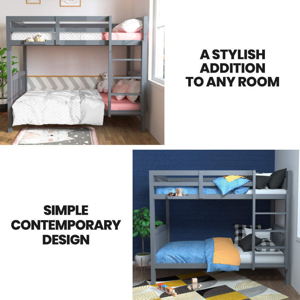 Single Bunk Bed Frame Solid Pine Wood Modular Design Grey