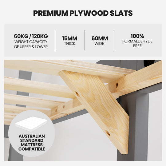 Single Bunk Bed Frame Solid Pine Wood Modular Design Grey