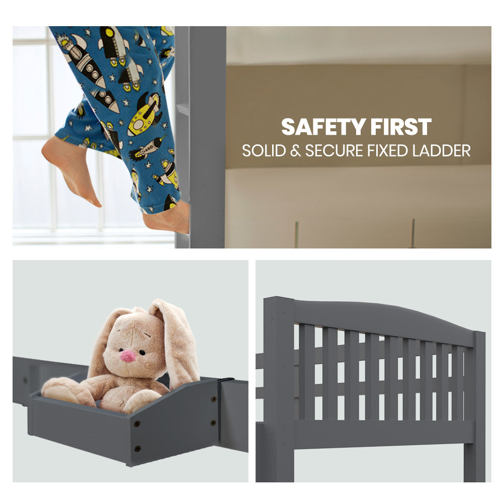 Single Bunk Bed Frame Solid Pine Wood Modular Design Grey