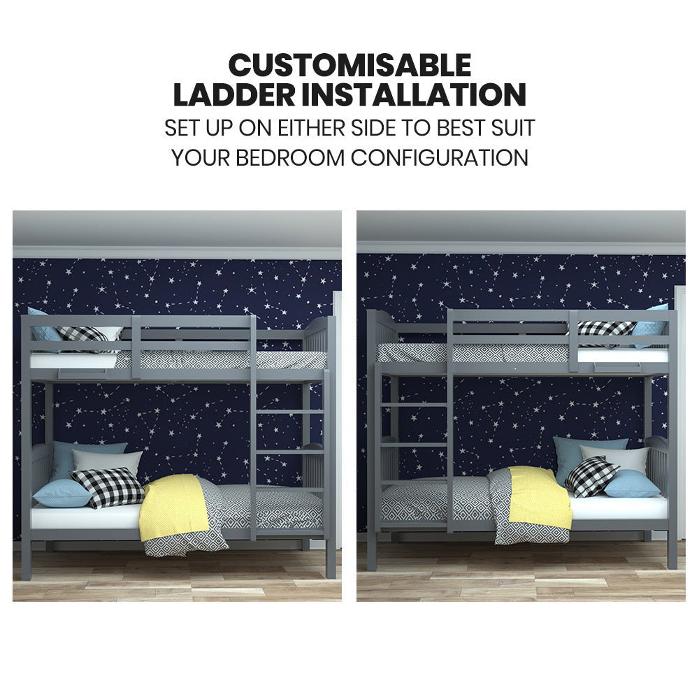 Single Bunk Bed Frame Solid Pine Wood Modular Design Grey
