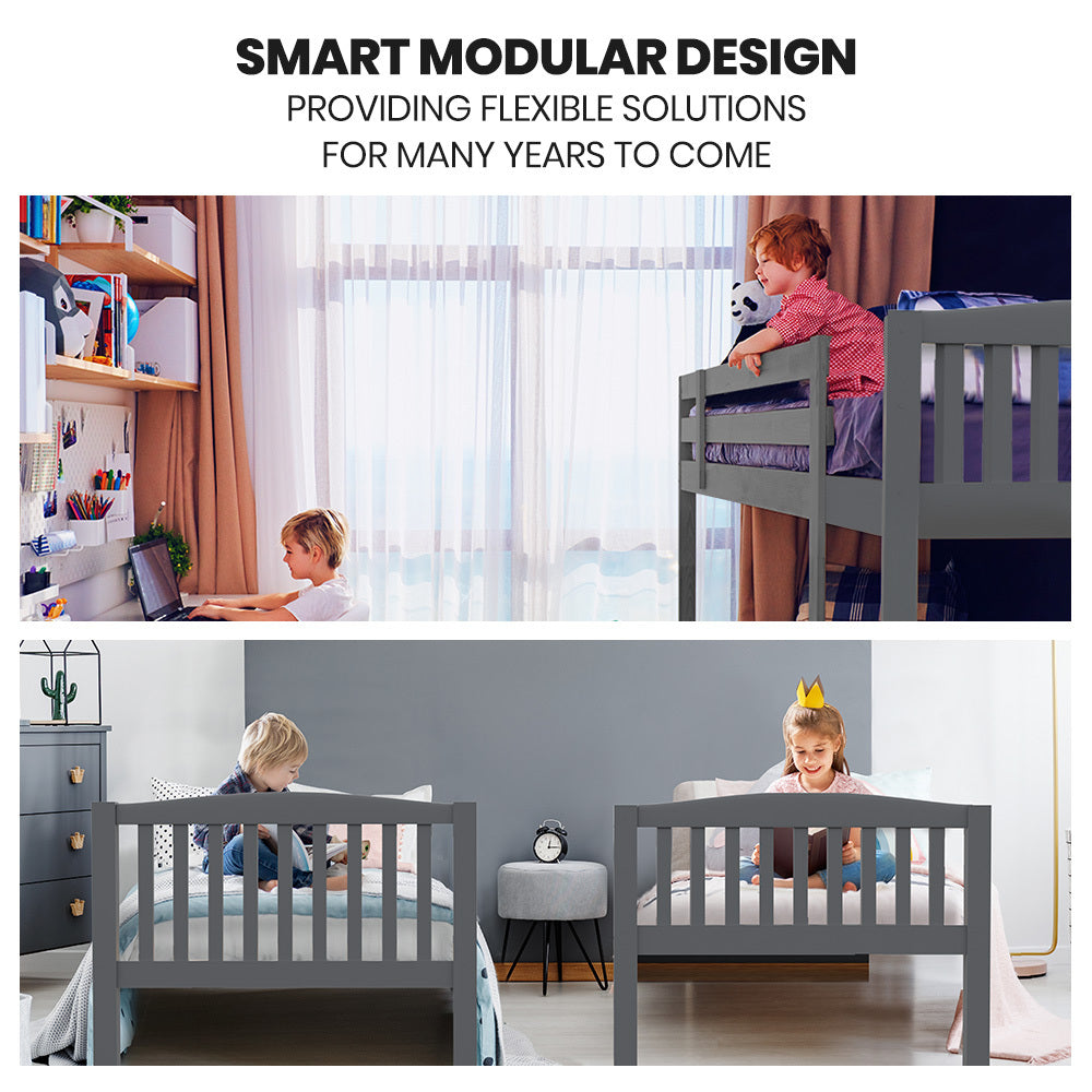 Single Bunk Bed Frame Solid Pine Wood Modular Design Grey