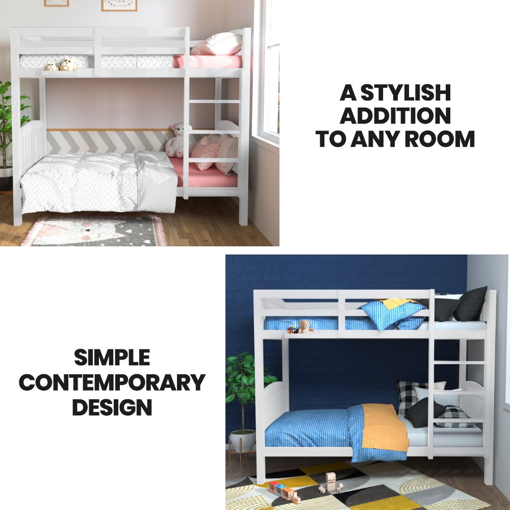 Wooden Kids Bunk Bed Frame With Modular Design Convertible To 2 Singles White