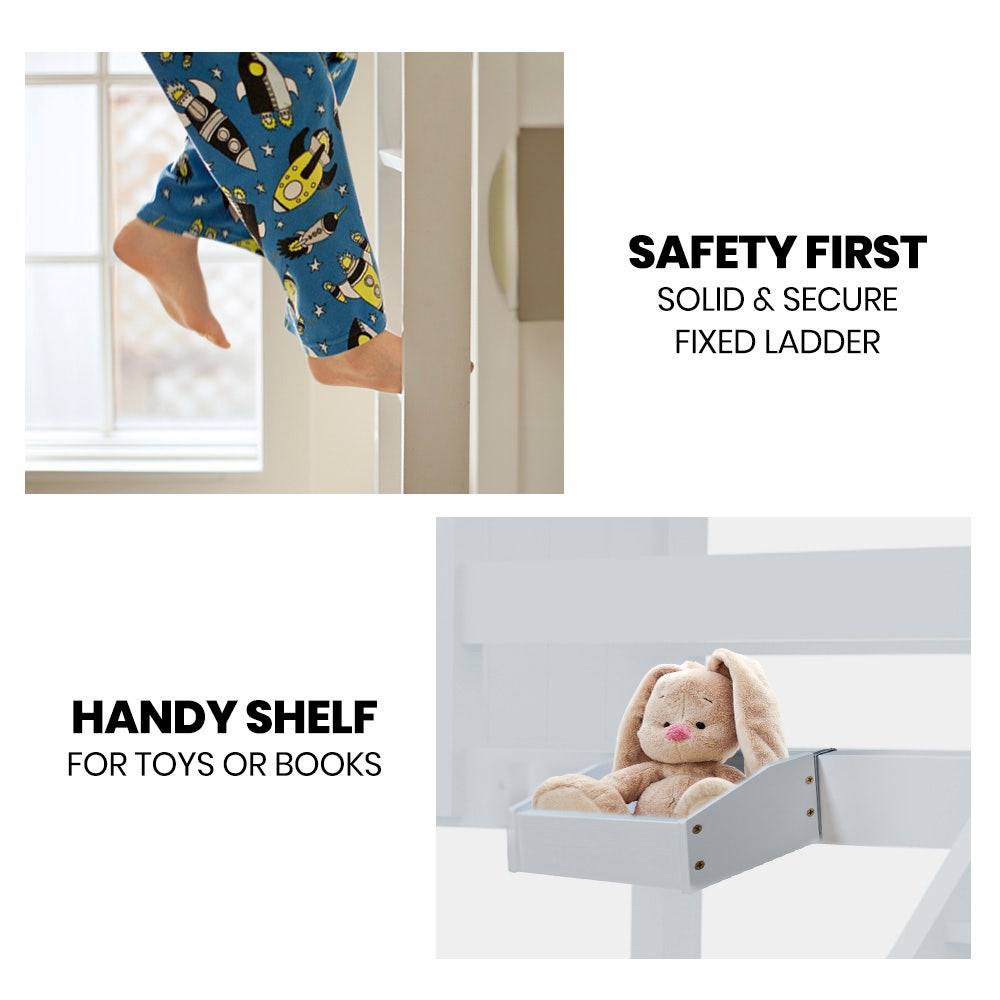 Wooden Kids Bunk Bed Frame With Modular Design Convertible To 2 Singles White