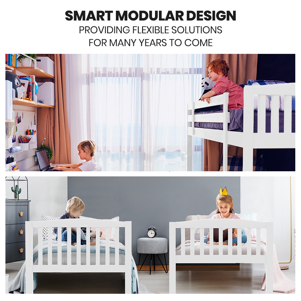 Wooden Kids Bunk Bed Frame With Modular Design Convertible To 2 Singles White