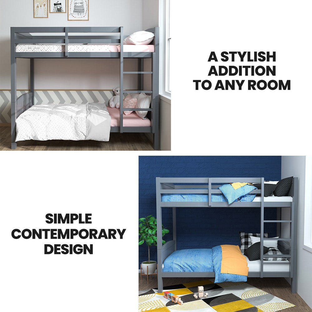 Solid Pine Single Bunk Bed Frame 2-in-1 Modular Grey Space-Saving Design