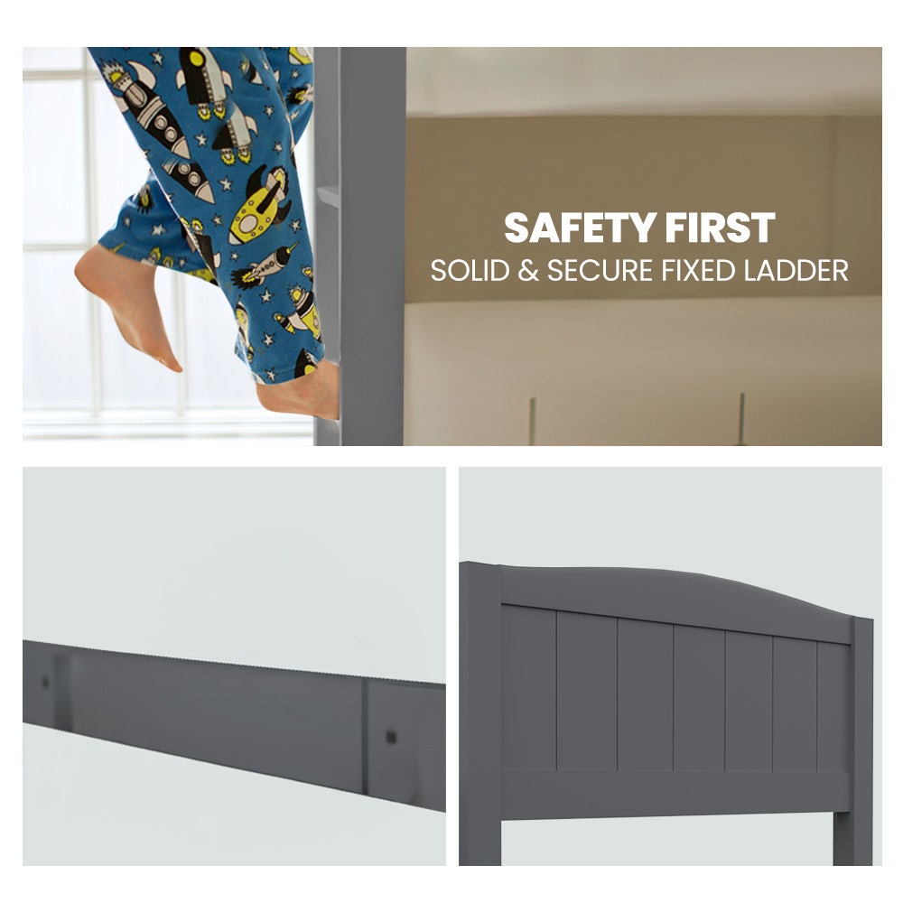 Solid Pine Single Bunk Bed Frame 2-in-1 Modular Grey Space-Saving Design
