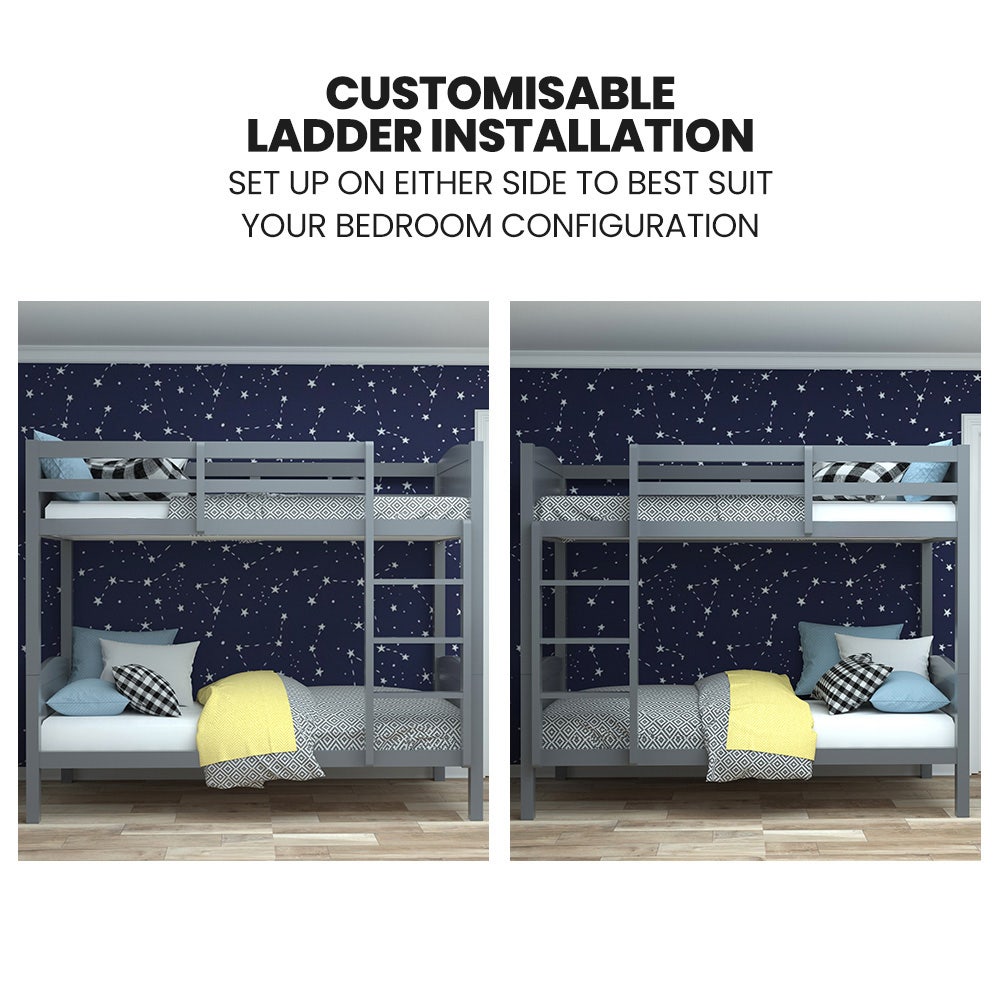 Solid Pine Single Bunk Bed Frame 2-in-1 Modular Grey Space-Saving Design