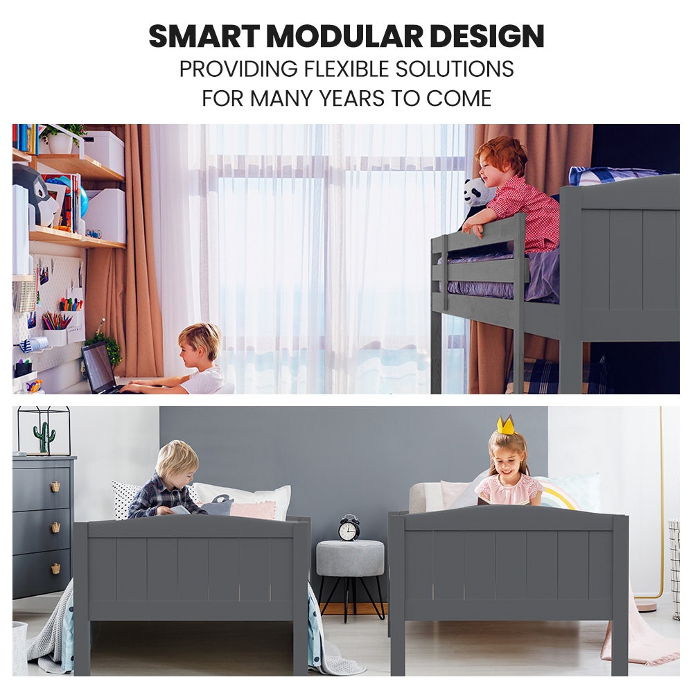 Solid Pine Single Bunk Bed Frame 2-in-1 Modular Grey Space-Saving Design