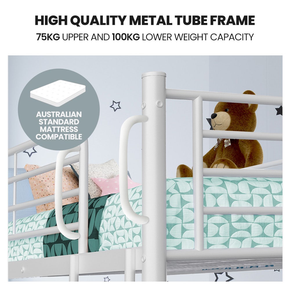 Single 2-in-1 Metal Bunk Bed Frame With Modular Matte White Design