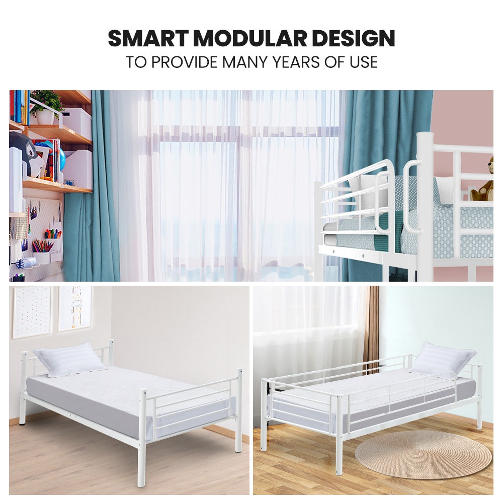 Single 2-in-1 Metal Bunk Bed Frame With Modular Matte White Design
