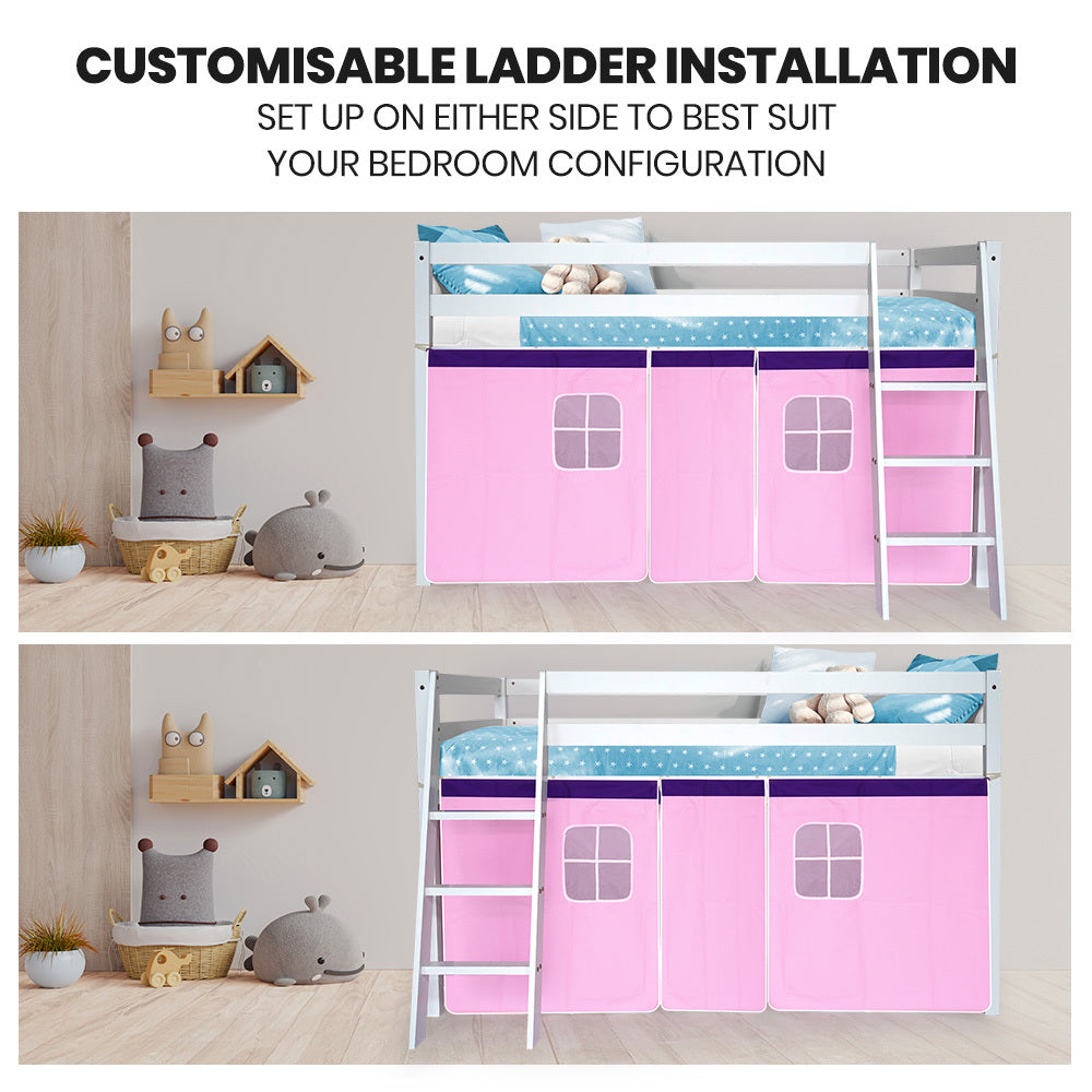 Wooden Kids Single Loft Bed Frame - Hiding Space Underneath With