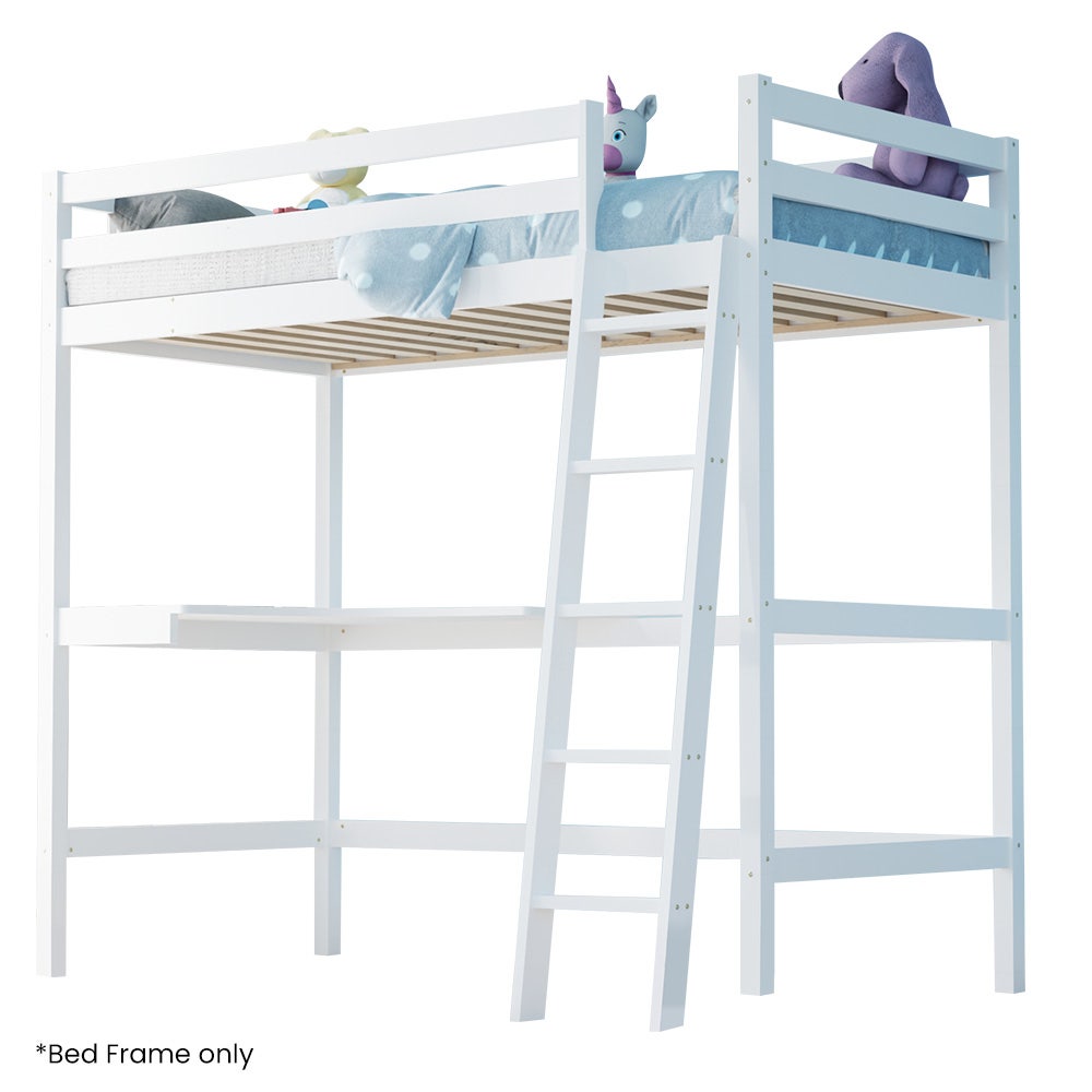 Wooden Kids Single Loft Bed Frame With Desk White Space-Saving Design