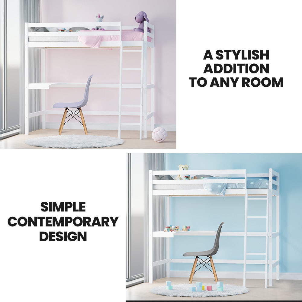 Wooden Kids Single Loft Bed Frame With Desk White Space-Saving Design