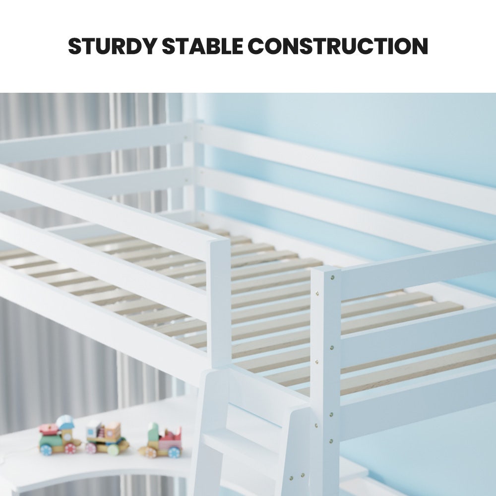 Wooden Kids Single Loft Bed Frame With Desk White Space-Saving Design