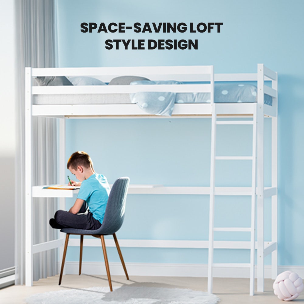 Wooden Kids Single Loft Bed Frame With Desk White Space-Saving Design