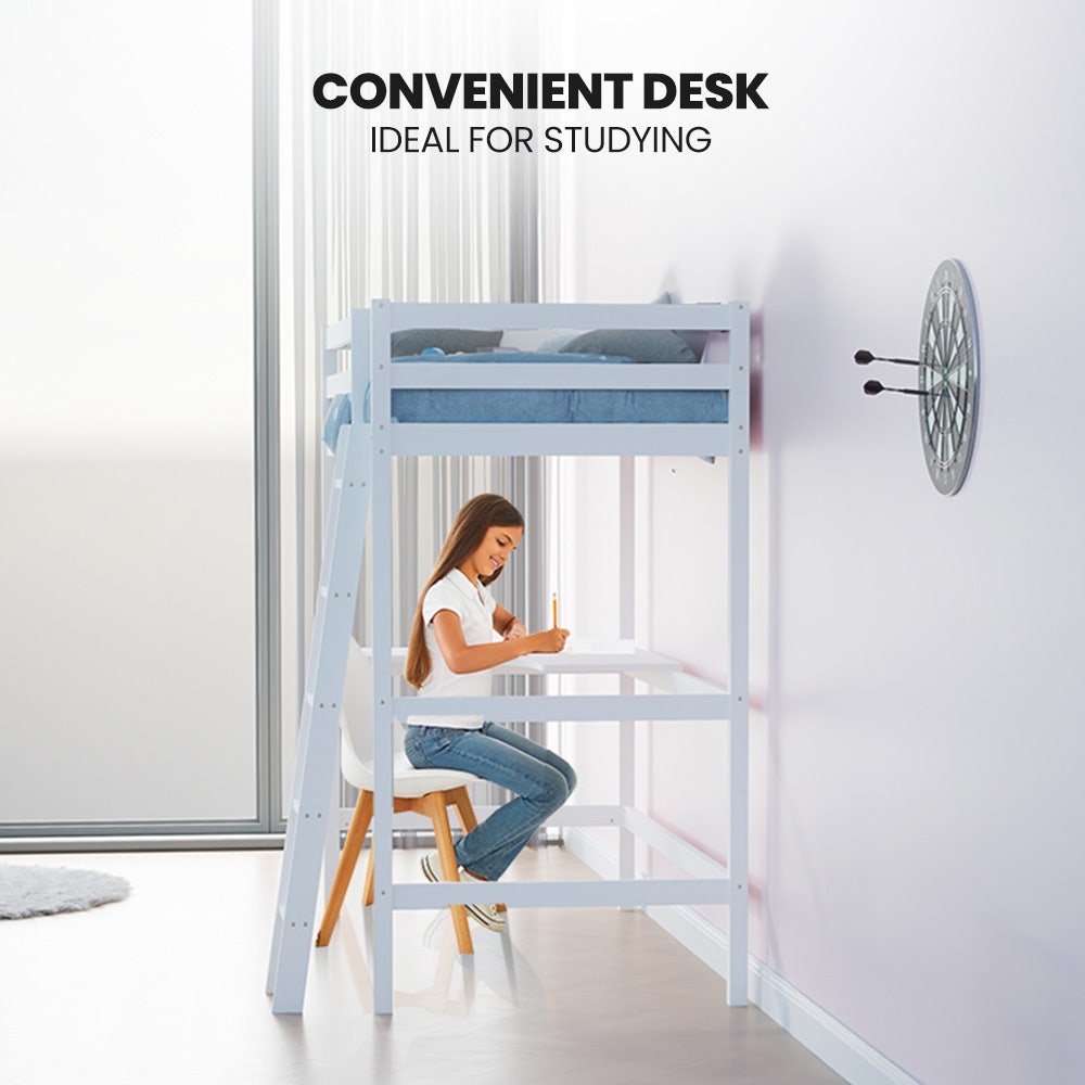 Wooden Kids Single Loft Bed Frame With Desk White Space-Saving Design