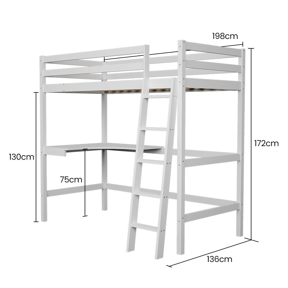 Wooden Kids Single Loft Bed Frame With Desk White Space-Saving Design