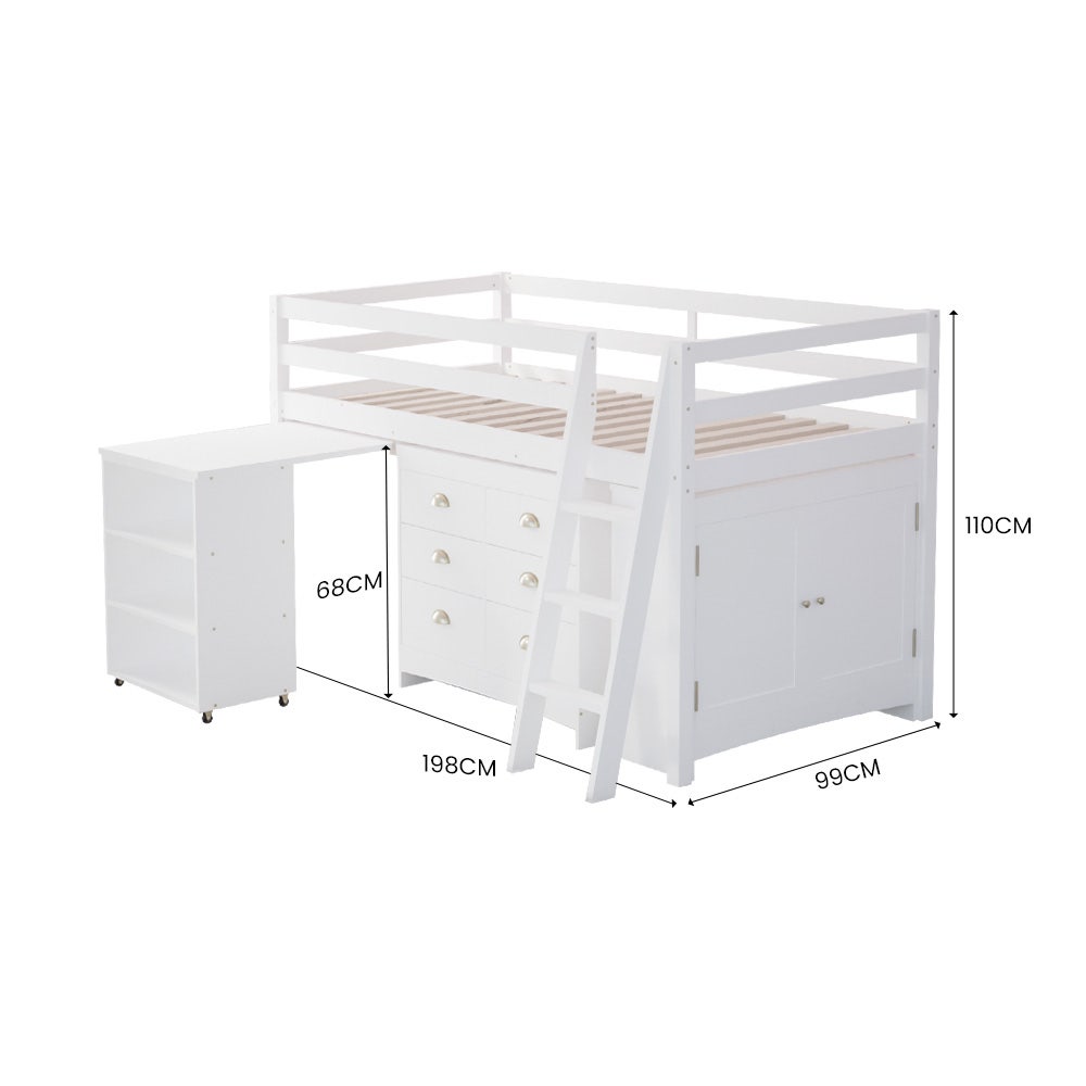 Wooden Kids Single Loft Bed Frame Pull-Out Desk Storage Drawers Cabinet White