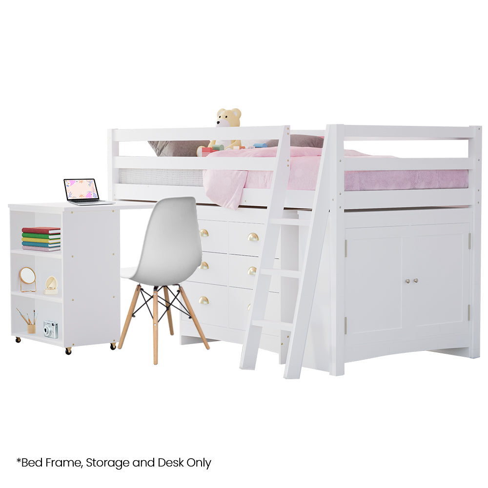 Wooden Kids Single Loft Bed Frame Pull-Out Desk Storage Drawers Cabinet White