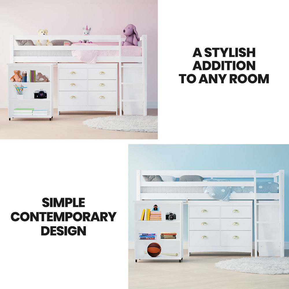 Wooden Kids Single Loft Bed Frame Pull-Out Desk Storage Drawers Cabinet White