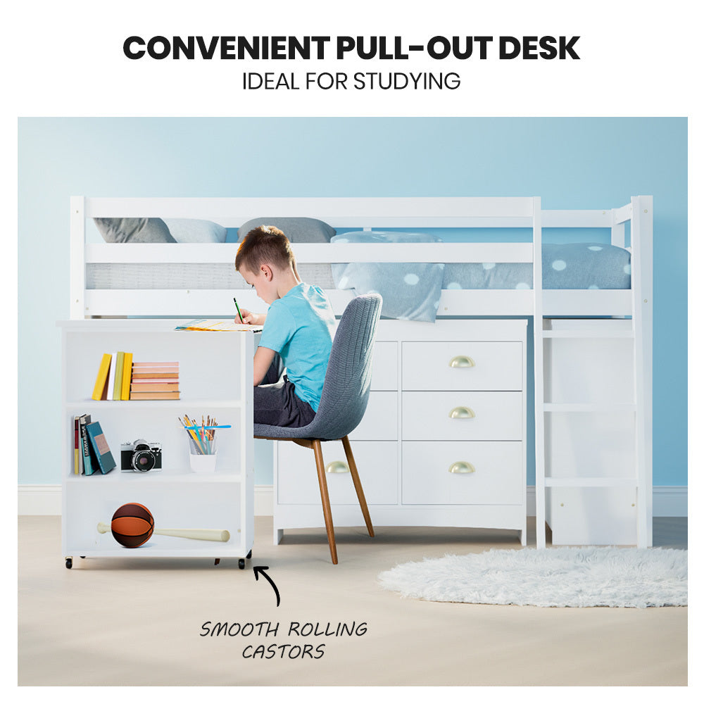 Wooden Kids Single Loft Bed Frame Pull-Out Desk Storage Drawers Cabinet White