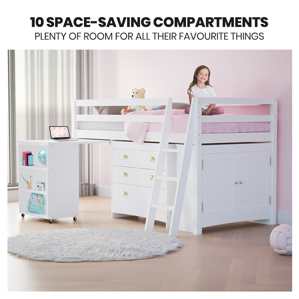 Wooden Kids Single Loft Bed Frame Pull-Out Desk Storage Drawers Cabinet White