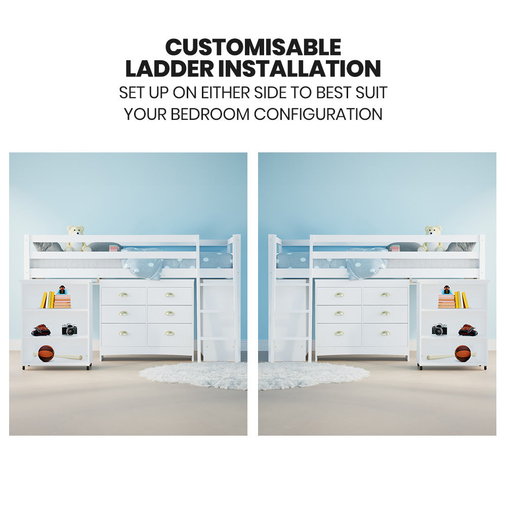 Wooden Kids Single Loft Bed Frame Pull-Out Desk Storage Drawers Cabinet White