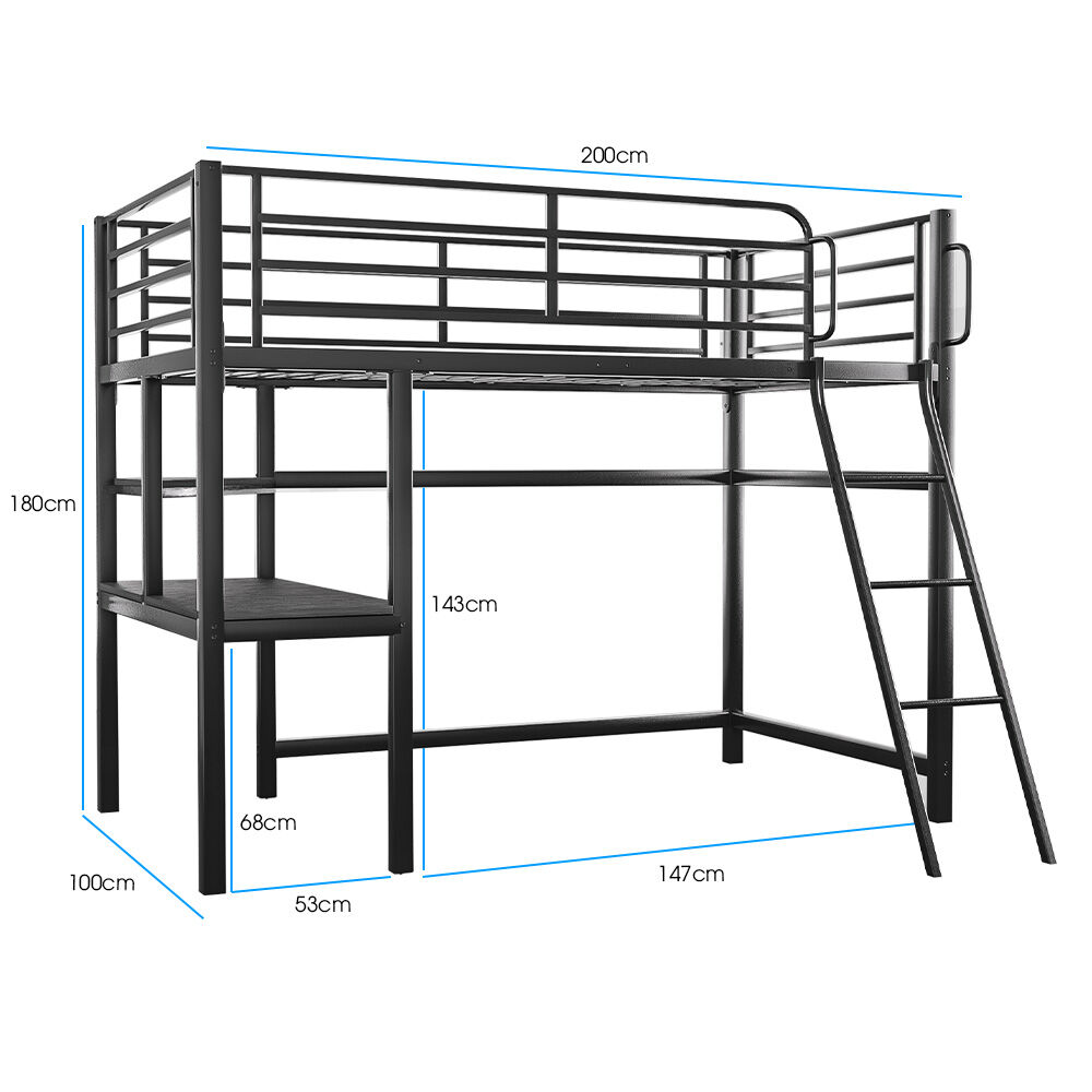 Gaming Loft Bed With Desk Steel Metal Frame Space Saving Design, Steel finish