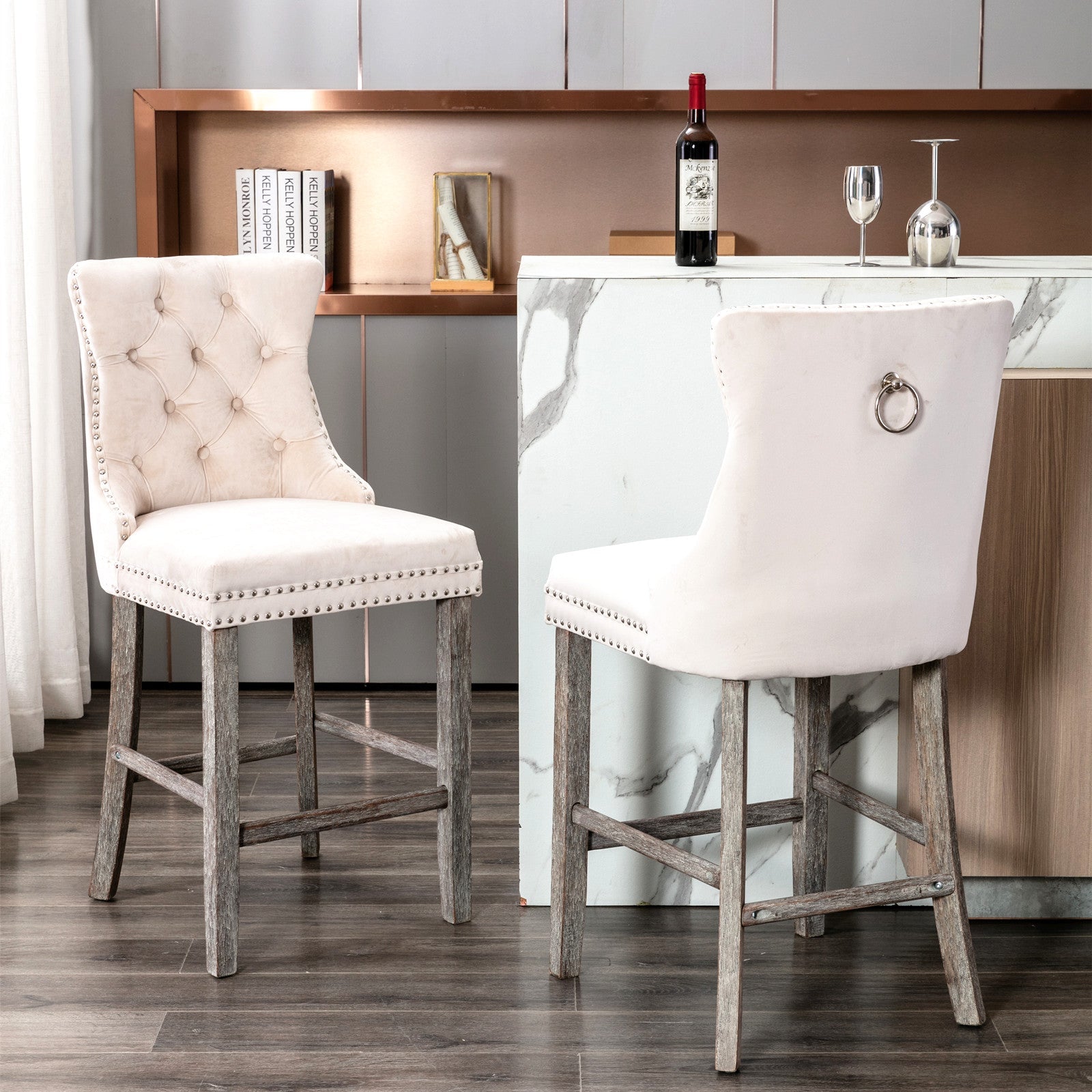 4X Velvet Bar Stools With Studs Trim Wooden Legs Tufted Dining Chairs