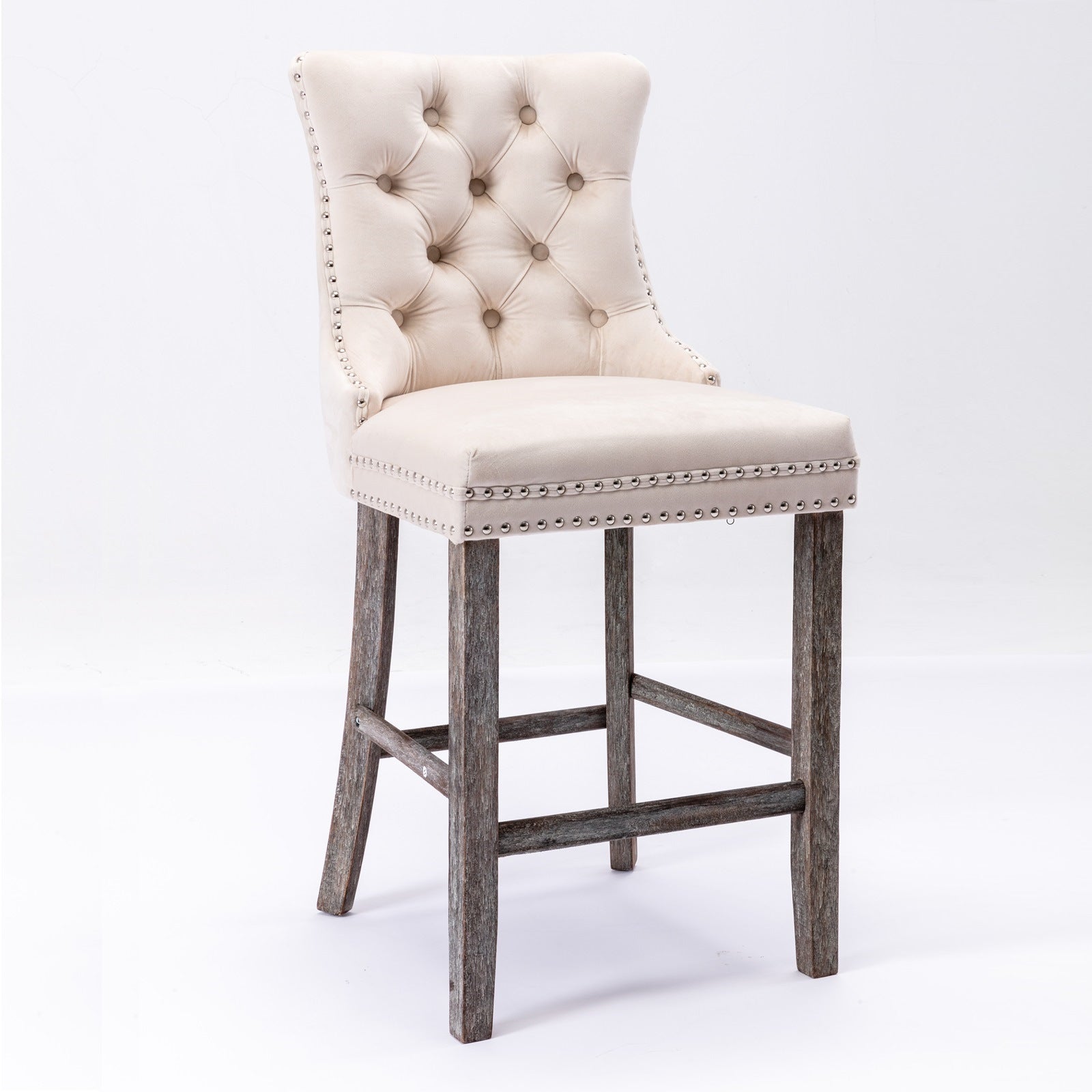 4X Velvet Bar Stools With Studs Trim Wooden Legs Tufted Dining Chairs