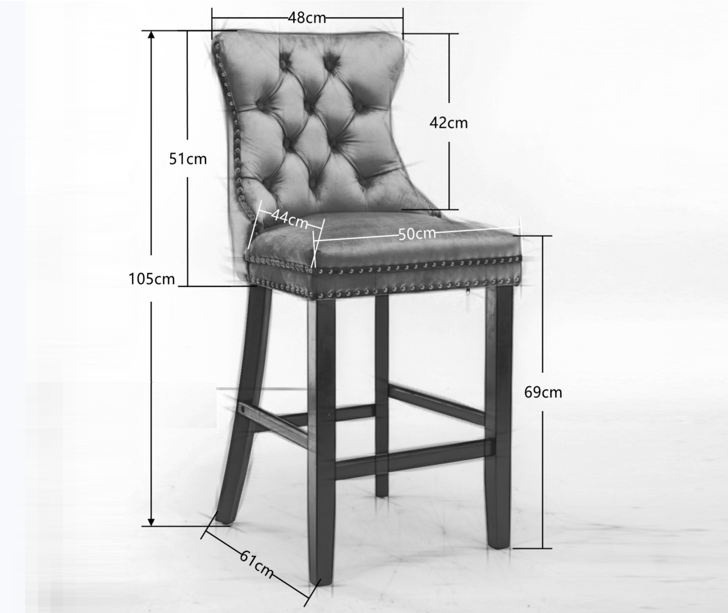 4X Velvet Bar Stools With Studs Trim Wooden Legs Tufted Dining Chairs