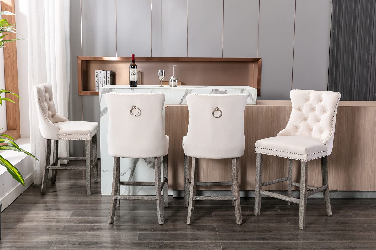 4X Velvet Bar Stools With Studs Trim Wooden Legs Tufted Dining Chairs