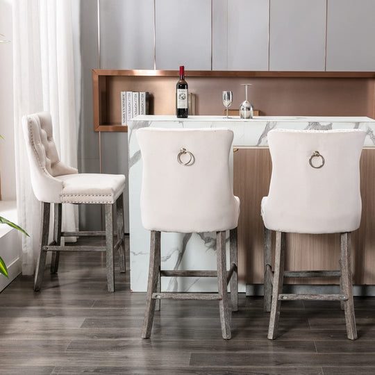 4X Velvet Bar Stools With Studs Trim Wooden Legs Tufted Dining Chairs with 395fp