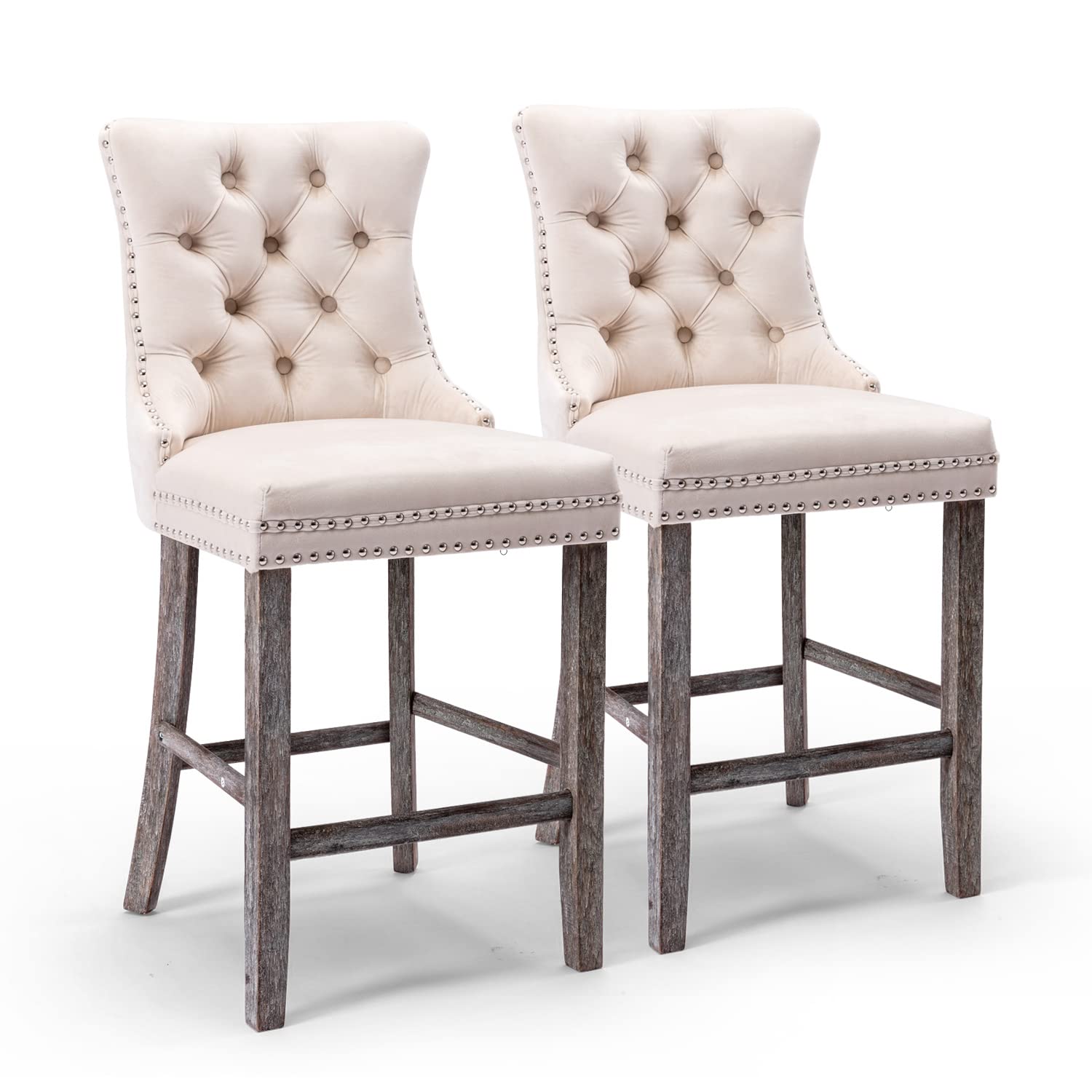 4X Velvet Bar Stools With Studs Trim Wooden Legs Tufted Dining Chairs