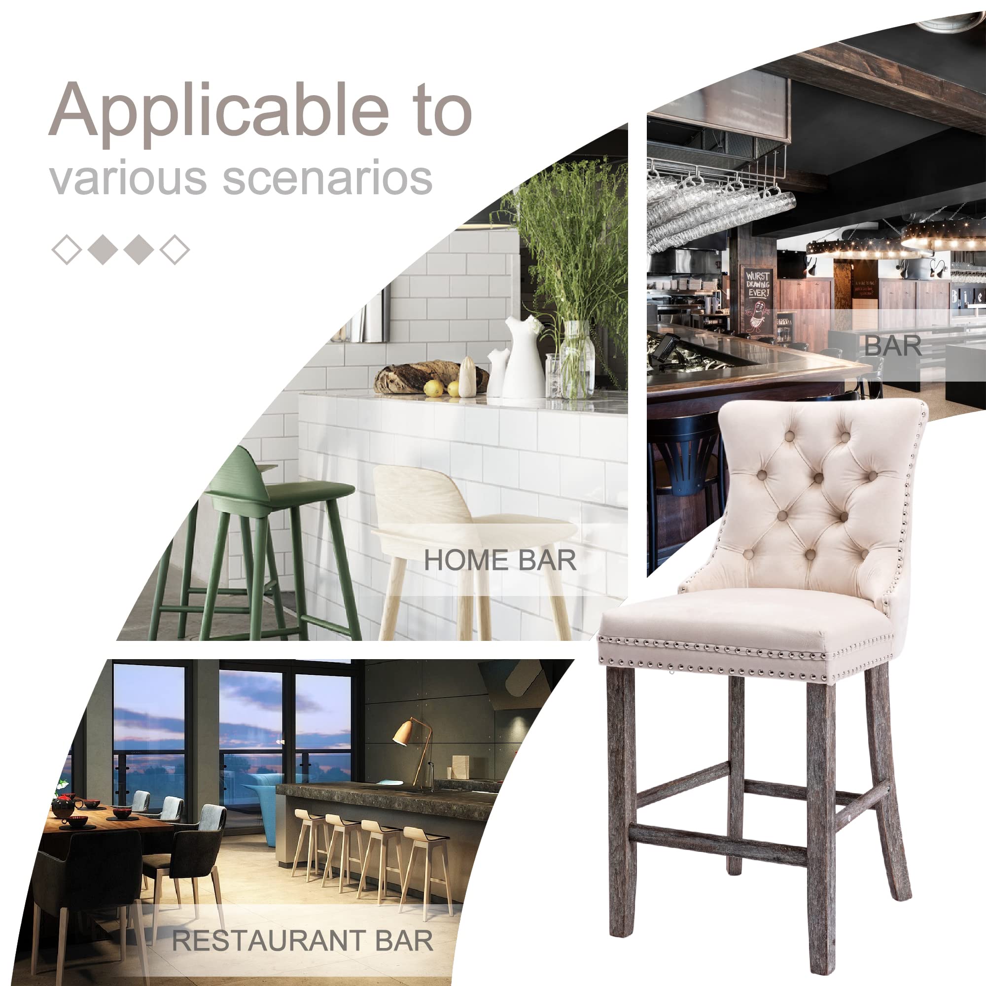 4X Velvet Bar Stools With Studs Trim Wooden Legs Tufted Dining Chairs