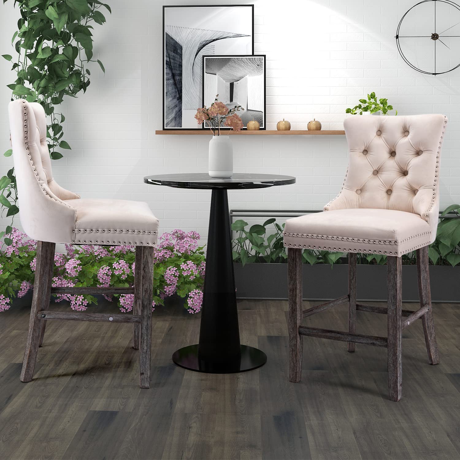 4X Velvet Bar Stools With Studs Trim Wooden Legs Tufted Dining Chairs