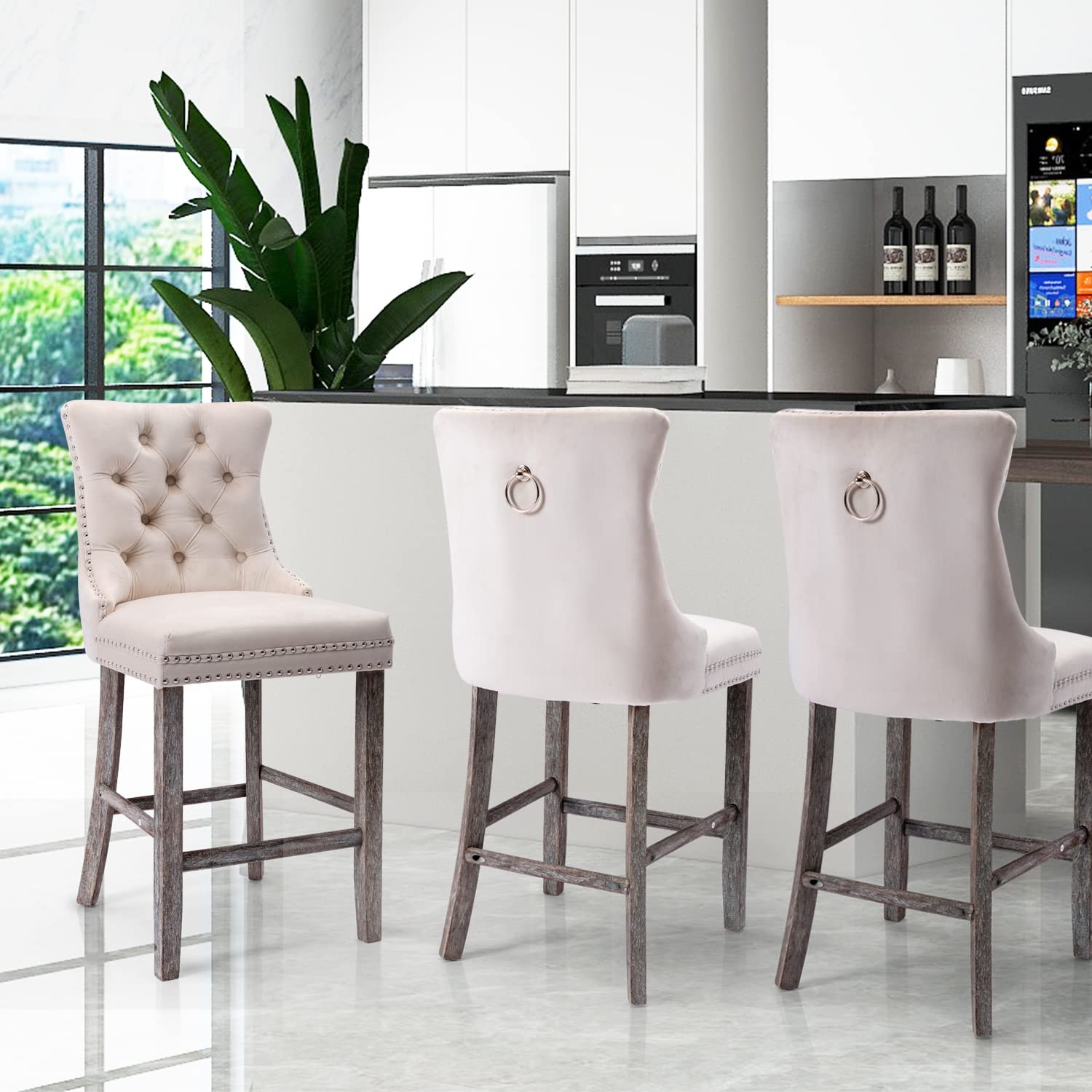 4X Velvet Bar Stools With Studs Trim Wooden Legs Tufted Dining Chairs