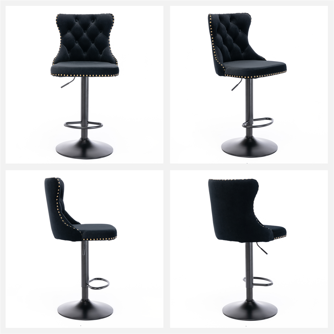 2X Height Adjustable Swivel Bar Stool Velvet Nailhead Barstool With Footrest Grey/Black