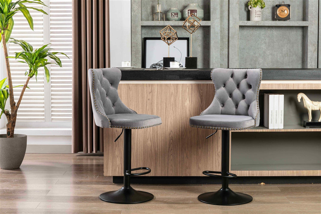 2X Height Adjustable Swivel Bar Stool Velvet Nailhead Barstool With Footrest Grey/Black