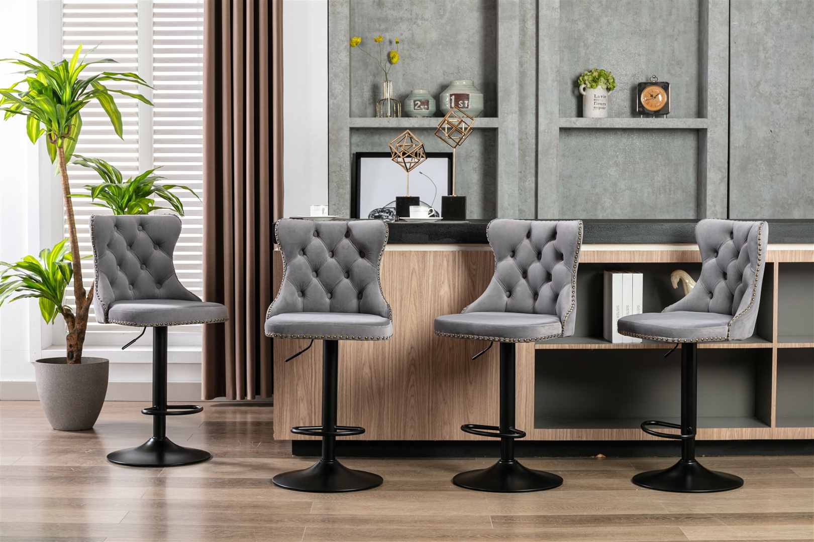 2X Height Adjustable Swivel Bar Stool Velvet Nailhead Barstool With Footrest Grey/Black