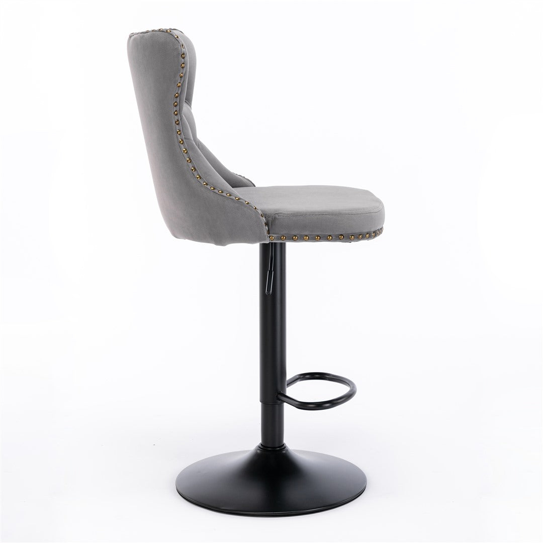 2X Height Adjustable Swivel Bar Stool Velvet Nailhead Barstool With Footrest Grey/Black