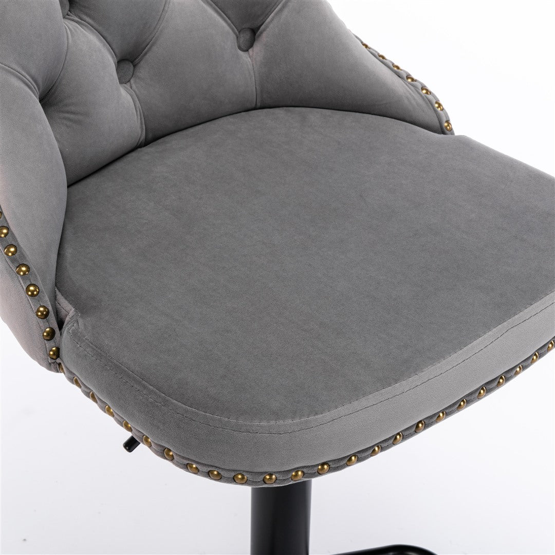 2X Height Adjustable Swivel Bar Stool Velvet Nailhead Barstool With Footrest Grey/Black