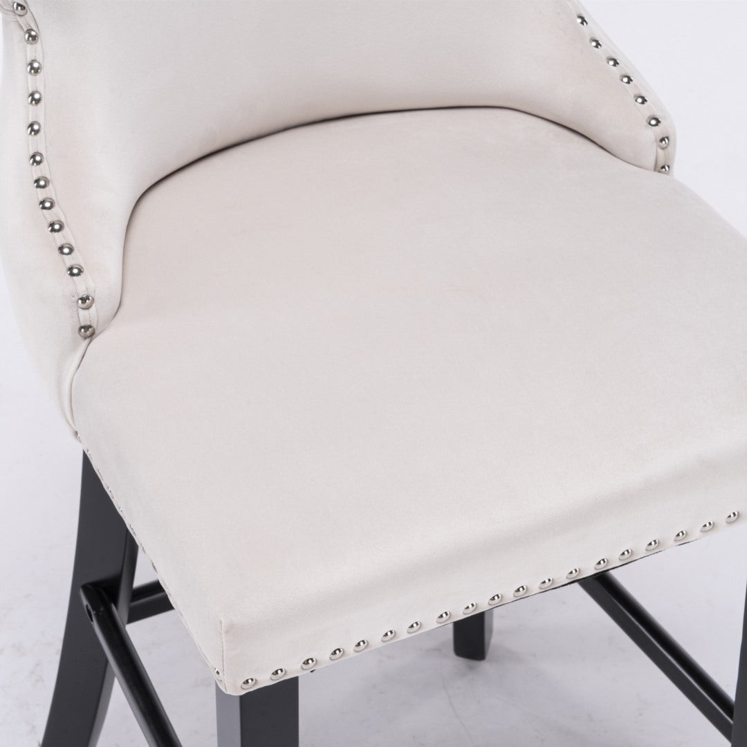 2X Velvet Upholstered Button Tufted Bar Stools With Wood Legs And Studs-Beige
