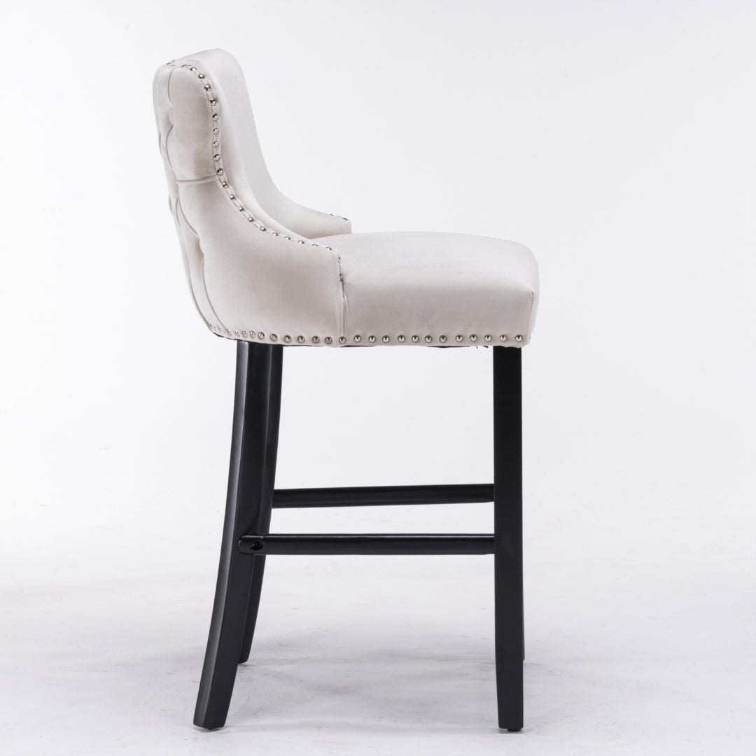 2X Velvet Upholstered Button Tufted Bar Stools With Wood Legs And Studs-Beige
