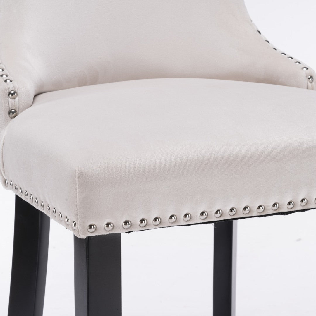 2X Velvet Upholstered Button Tufted Bar Stools With Wood Legs And Studs-Beige
