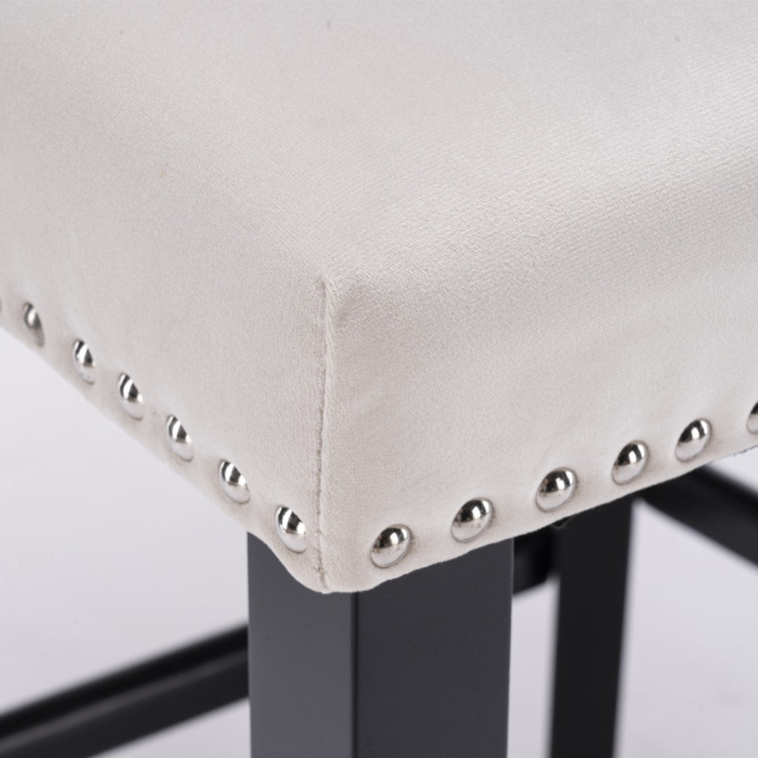 2X Velvet Upholstered Button Tufted Bar Stools With Wood Legs And Studs-Beige